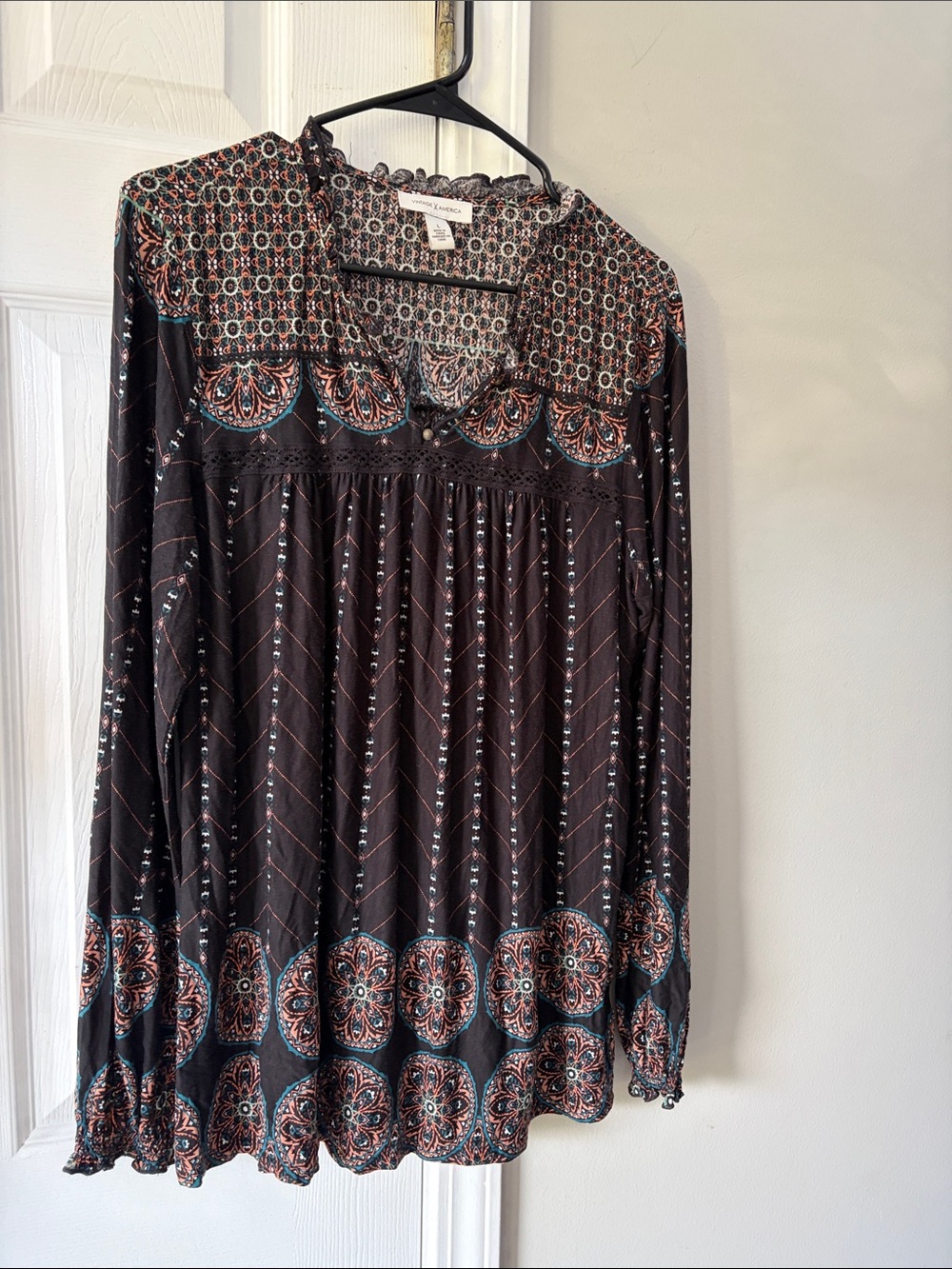 Vintage America Black Top with Teal and Rust Medallion Print